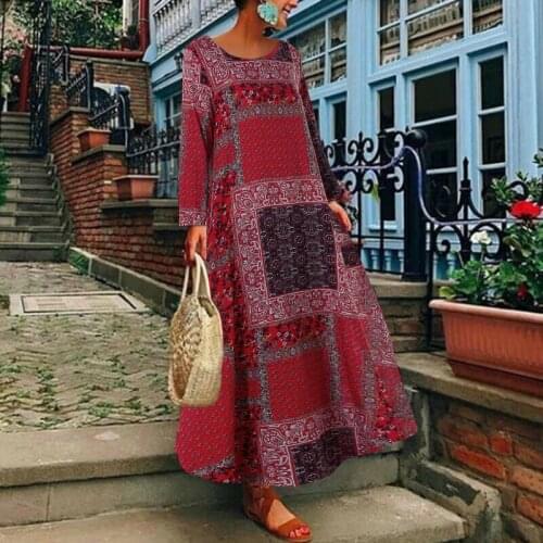 EaseHut Fashion Vintage Women Cotton Linen Dress O-neck Long Sleeve Pocket Loose Plus Size Long Dress Dark Blue/Green/Red