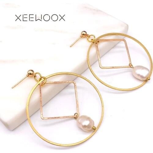 Geometric Circle Round Square Real Freshwater Pearl Bohemia Boho Vintage Statement Drop Earring Woman Girl XEEWOOX Party Gift