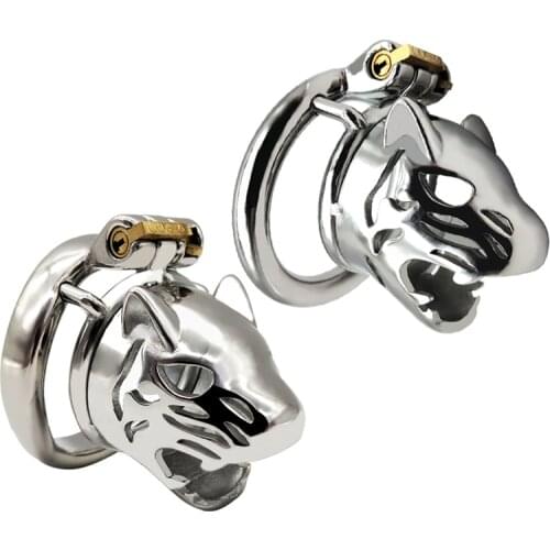 Stainless steel Tiger head short male Chastity cage metal penis lock ring ball stretcher BDSM bondage restraint sex toy for man