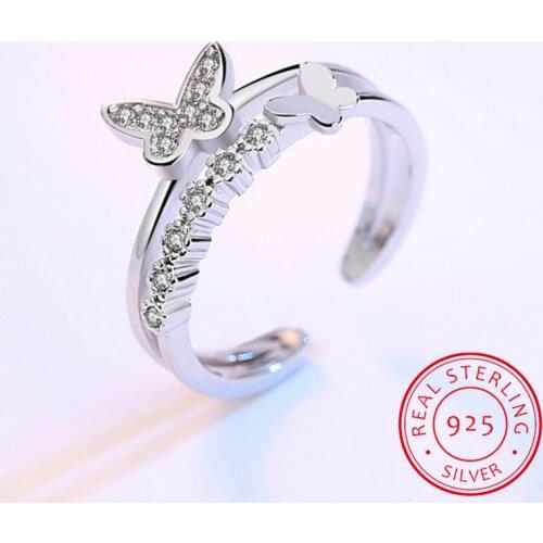 Real Pure 925 Sterling Silver Butterfly Wedding Rings for Women Adjustable Size Ring Fashion Sterling Silver Jewelry