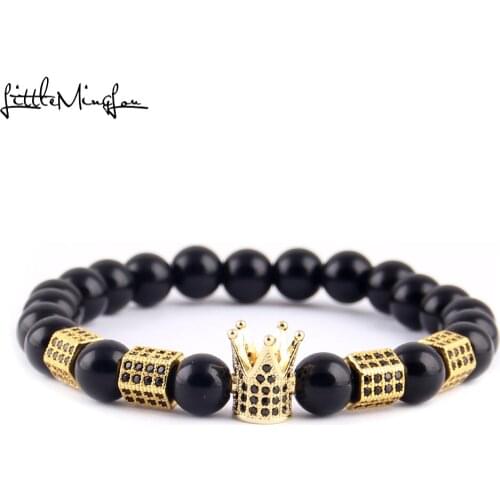 Little MingLou 8mm bead men bracelet Luxury pave black CZ column & crown Charm Bracelets & Bangles for men Jewelry