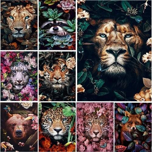 Diamond Painting Kit Paint Flower Animals Cat Horse Tiger Lion Fox Flamingo Diamond Mosaic Embroidery Cross Stitch