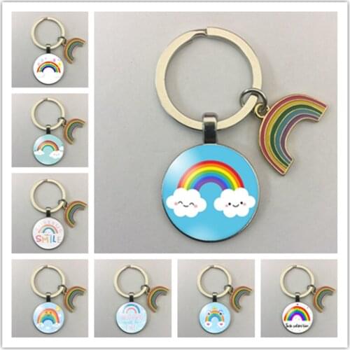 Brand new cartoon rainbow cloud keychain glass round photo glass cabochon key ring rainbow cloud pendant jewelry gift keychain
