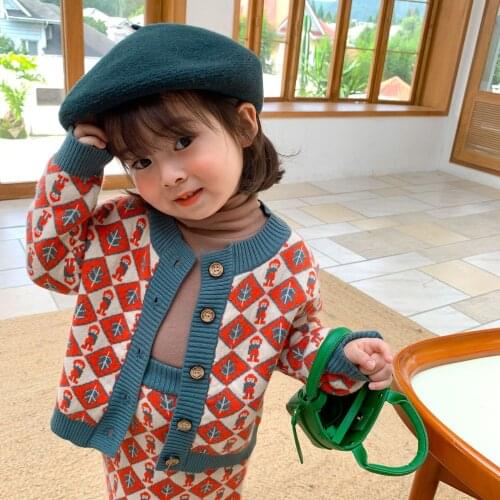 Autumn/Winter New Childrens Clothing Korean Version Ins Knitted Cardigan Two-piece Girl Western Style Diamond Suit