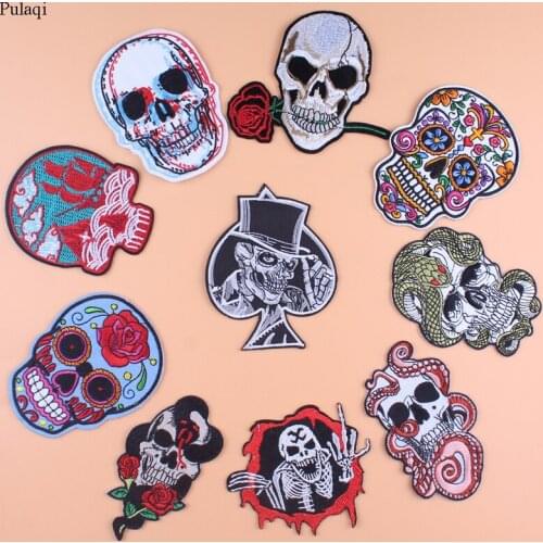 Pulaqi Punk Skull Patch Flower Stripes Embroidered Iron On Patches For Clothing Grim Reaper Patch Appliques Stickers For Clothes