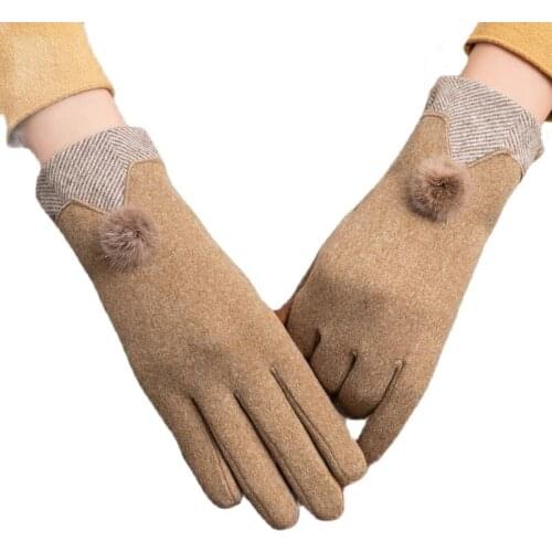 Autumn Winter Women Thin Fleece Not Bloated Keep Warm Touch Screen Outdoor Cycling Drive Hairball Elegant Elasticity Soft Gloves