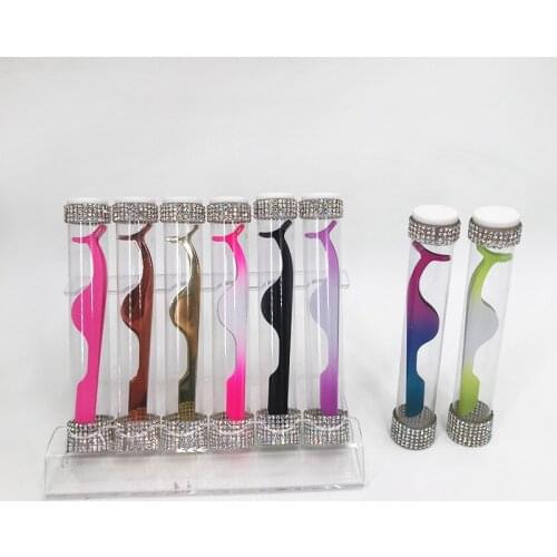 Lashes Tweezers with Clear Diamond Bottle Colour Eyelash Curler Makeup Tools Stainless Steel Eyelashes Applicator