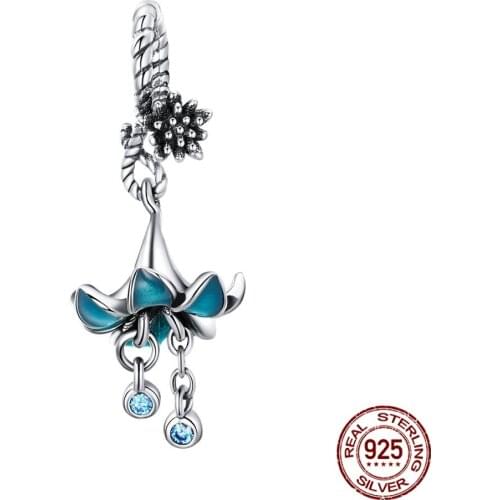 Authentic Sterling Silver 925 Blue enamel Flower Pendant Charms fit Original Silver Bracelet & Necklace DIY Jewelry