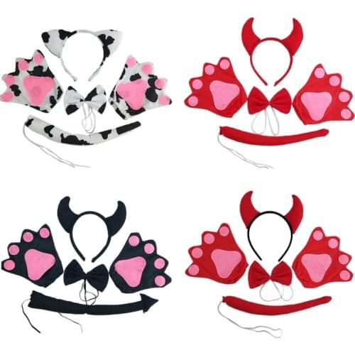 Adult Kids Ox Horn Headband Bow Tie Tail Bow Gloves Set Cosplay Halloween Costume Childrens Day Gift Christmas Props