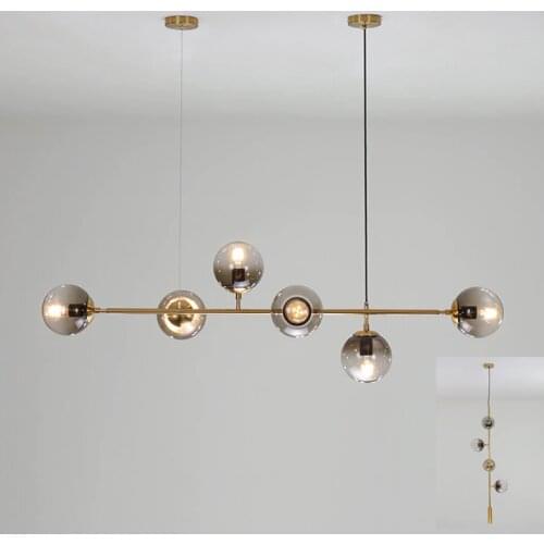 Modern linear dinning room LED chandelier light glass ball iron bar hanging lamp vertical horizontal glass globe chandelier LED