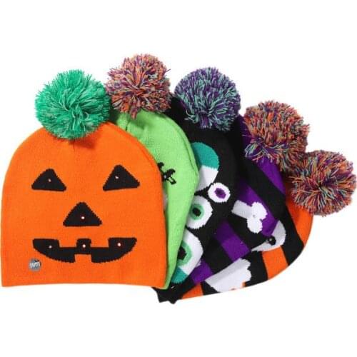 Halloween LED Light Up Hat Beanie Knit Winter Warm Cap Kids Adult Pumpkin Ghost Knit Beanie Holiday Hats Fun Party Costume props