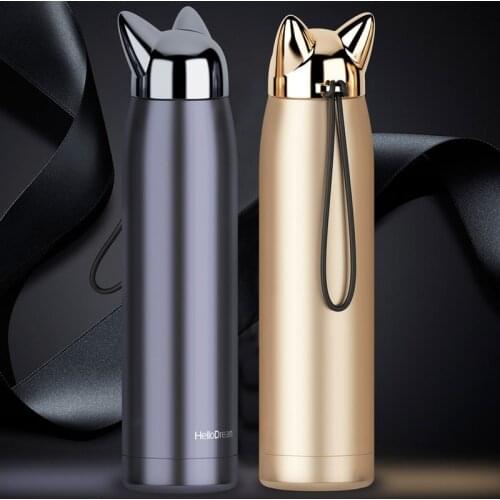 Double Wall Thermos Bottle Stainless Steel Vacuum Flasks Cups 320ml Cute Cat Fox Ear Thermal Coffee Tea Milk Travel Mug Auto Cup