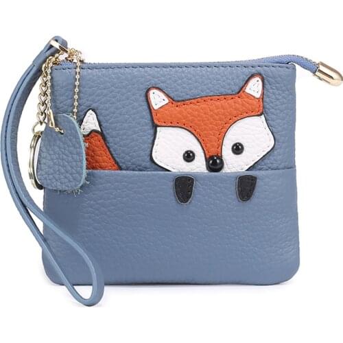 Top Layer Cowhide Cute Fox Pattern Change Purse Soft Cow Leather Mini Coin Purse Key Packet