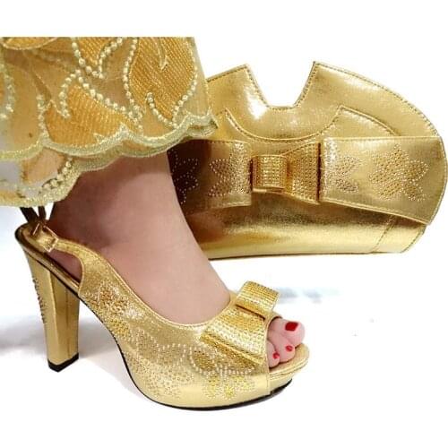 Gold Color African Women Shoes And Bag Set With Rhinestones Pumps Italian Shoes With Matching Bag For Evening Party Wedding