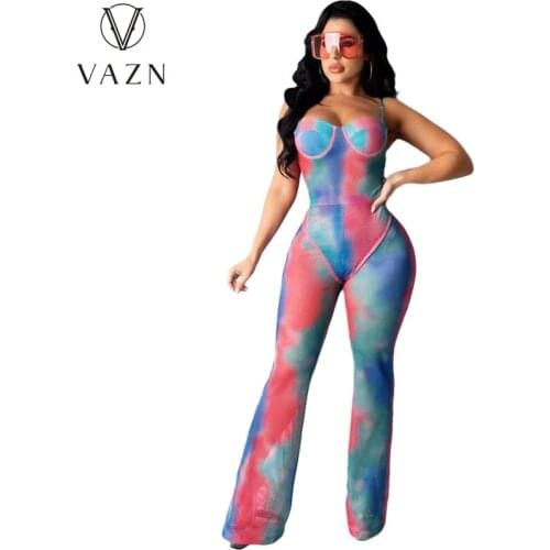 VAZN 2020 Casual Tie Dye Print Sleeveelss Young Sexy High Street Soft Long Bandage pants Women 2 Piece Set