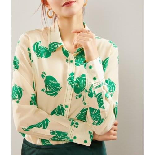 NEW 19MM Washed Real Silk Long-sleeve Shirt 100% Mulberry Silk Print Top Women Basic Blouse S M L XL Free Shipping