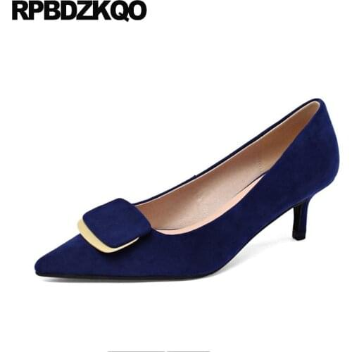 Small Size 11 Royal Blue Trending Kitten Pumps Medium Heels Suede Pointed Toe Thin High 2021 10 Ladies Dress Shoes Big Metal 33