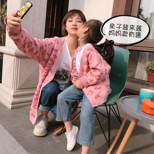 Womens Leopard Print Cardigan Sweater 2021 New Girls' Knitted Sweater Jacket Parent-child Loose Tops Parent-child Wear