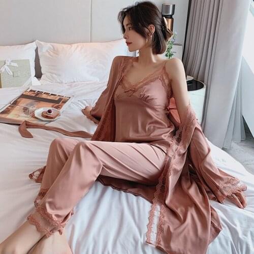 Women Sexy Wedding Nighty Robe Gown Lace Sleepwear Pajama Dress Long Sleeve V-neck Pijamas Kimono Home Lounge Suit 3PCs Robes