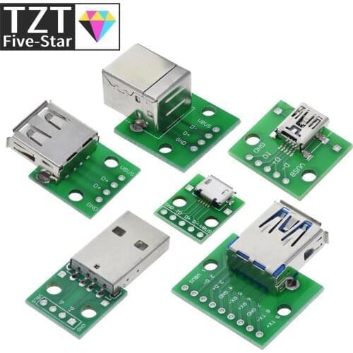 10PCS USB Male Connector / MINI MICRO USB to DIP Adapter 2.54mm 5pin Female Connector B Type USB2.0 Female PCB Converter USB-01