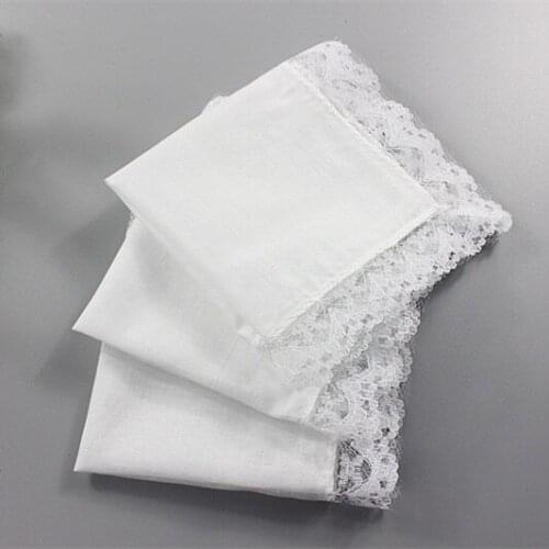 12PCS 23 * 25CM Japanese Korean Cotton Ladies Handkerchief Pure White Handkerchief Small Square with Lace