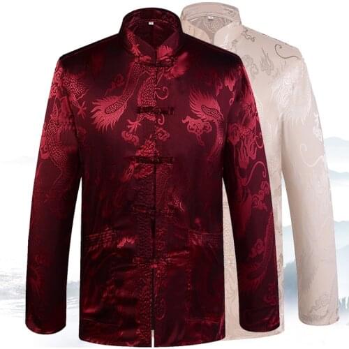 2019 Autumn New Mans Dragon Kung Fu Jacket Coat Traditional Chinese Mandarin Collar Tang Suit Clothing For Men Camisa Masculina
