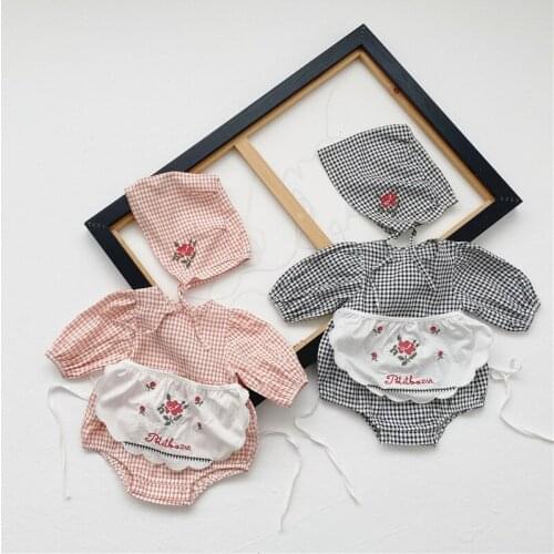 2021 New Spring Baby Romper 3pcs SetBaby Girl Plaid Bodysuit + Embroidery Flower Bib + Hat Baby Girl Jumpsuit Clothes Outfits