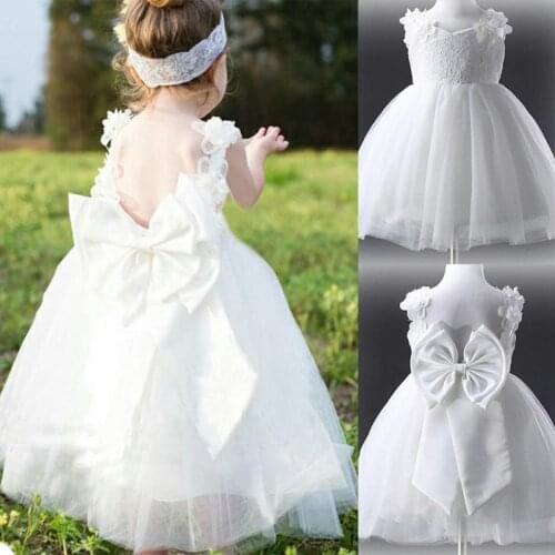 White 3D Flower Lace Flower Girls Dresses For Wedding Bow V Neck Spaghetti Ankle Length A Line Birthday Party Communion Dress