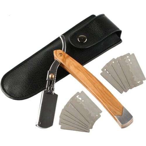 Straight Edge Razor, Folding Shaving Shavette Razor with Solid Olive Wood Handle Black Quality Artificial Leather Pouch