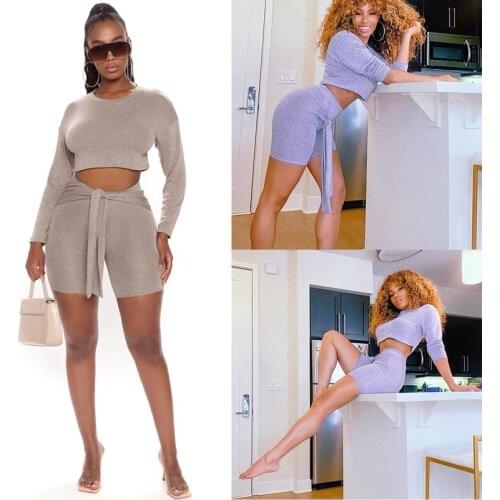 Elastic 2 Piece Set Women Long Sleeve Crop Top and Bandage Biker Shorts Sets Casual Sporty Set