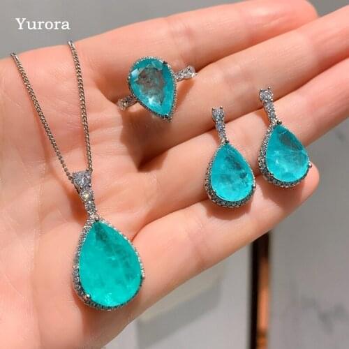 Luxury Paraiba Tourmaline Earrings Pendant Necklace Ring Jewelry Sets For women Water Drop Bride Wedding Jewelry Sets Wholesale