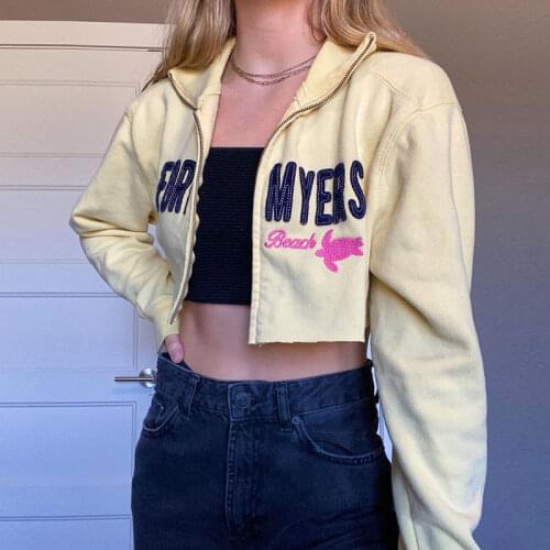 Retro 2021 letter short sweater zipper sweatshirt women embroidery yellow harajuku hoodie oversized long sleeve korean tops