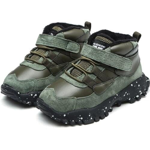 14-16cm Genuine Leather+Pu Leather Fashion Boys Sneakers Green Warm Thin Velvet Early Winter Toddler Casual Shoes Kids Trainers