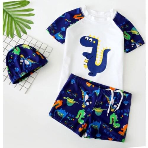 Summer board sun protection boy swimsuit swim trunk shirt cap bikini set cute cartoon dinosaur kid boy swimwear beachwear
