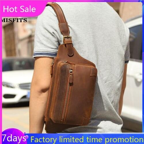 Top Crazy Horse Leather Storage Burden Relieving Shoulder/Crossbody Bag Leather Adjustable Mens Sports Waist Pack