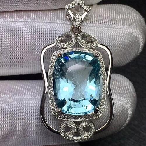 Fine Jewelry Real 18K White Gold AU750 Natural Blue Aquamarine 12.5ct Gemstones Diamonds Ladys Pendants for Women Fine Necklace