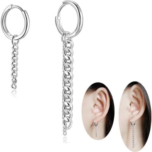 NEW Fashion 925 Sterling Silver Asymmetry Pendant Circle Chain Dangle Korean Kpop Hinged Hoop Earrings For Women Men Gift