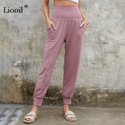 Liooil Casual Stretch Pencil Pants Women High Waist With Pockets Summer Long Trousers Pink Sweatpants 2021 Ladies Jogger Pants