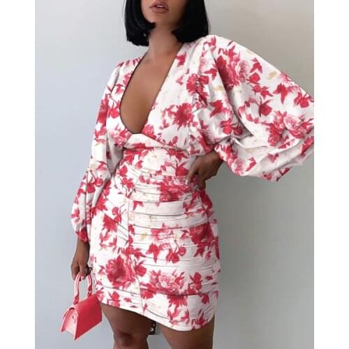 Wsevypo Sexy Women Long Lantern Sleeve High Waist Bodycon Dress Office Lady Deep V-neck Ruched Wrap Mini Dress Floral/Polka Dot