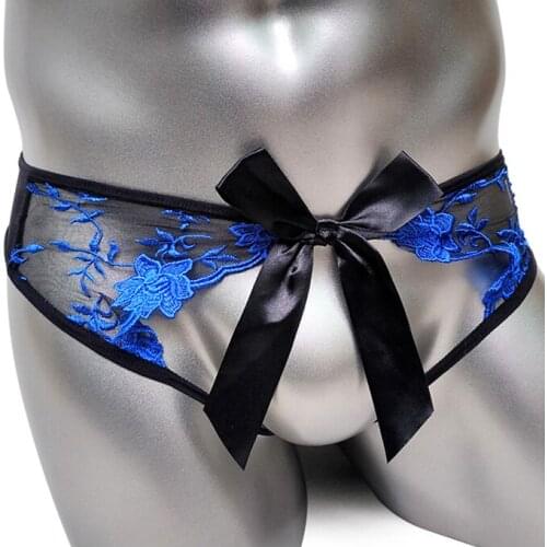 Embroidery Mesh Sissy Panties Open Crotch Sexy Male Underwear Gay Lingerie With Bow Breathable High Elastic Thong G String