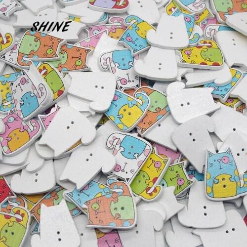 SHINE 100PCs Wooden Sewing Buttons Scrapbooking Fat Cat shape 2 Holes 26X23mm Costura Botones Decorate W10013