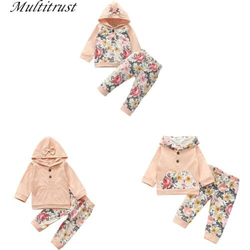 2Pcs Toddlers Tracksuit, Floral Splicing Hooded Long Sleeves Buttons Sweatshirt + High-Waist Pants for Baby Girls, 0-24 Months