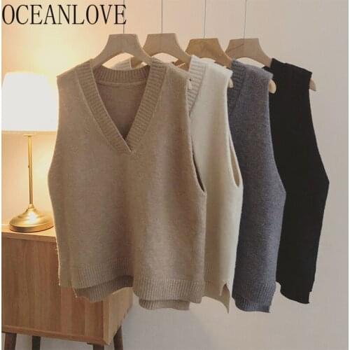 OCEANLOVE Sweater Vests Vintage V Neck Solid Korean Fashion All Match Loose Pull Femme 2021 Casual Autumn Winter Clothes Women