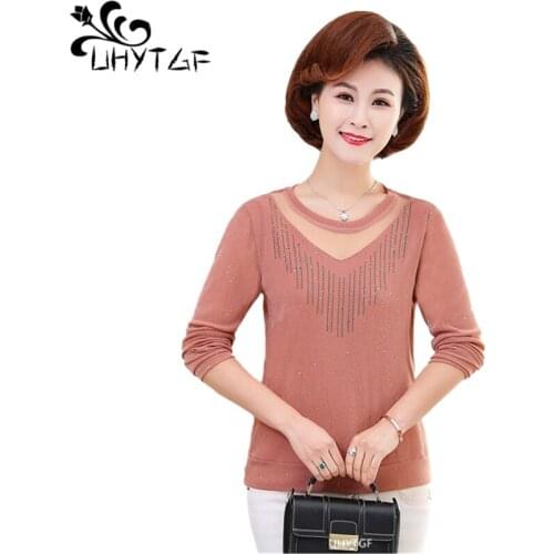 UHYTGF Elegant Mom Spring T-Shirts Long Sleeve Pullover Loose Plus Size Tops Womens O Neck Breathable Casual Female Clothes 1324