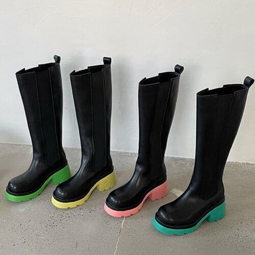 2021 Autumn Winter Women Martin Boots Ladies Knee High Modern Boots Fashion Female Round Toe Square Heels Shoes Slip On Shoes