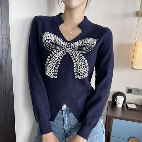 2021 Autumn Winter Sweater Women Black Pullover Designer Jumpers V Neck Sequins Pearls Bow Fashion Sweater Kntiwear Dropshipping