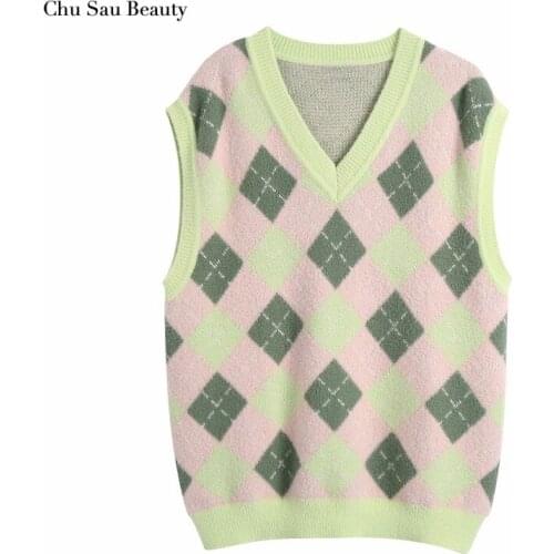 Chu Sau Beauty ZA 2021 Autumn Womens Diamond Pattern Knitted Vest Retro Contrast Color V-Neck Vest Sleeveless Knitted Sweater