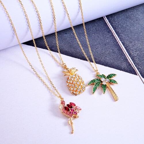 BALANBIU Crystal Necklace For Women Pineapple Flamingo Coconut Tree Pendant Necklace Gold Color New Fashion Jewelry Dropshipping