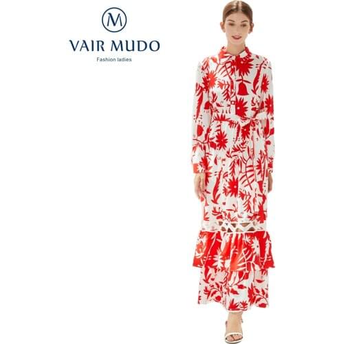 The New Dress Female Lapel Single-Breasted Ruffled Waist And Large Hem Printed Hollow Lace-Up Dress Women Fashion Summer Y-204