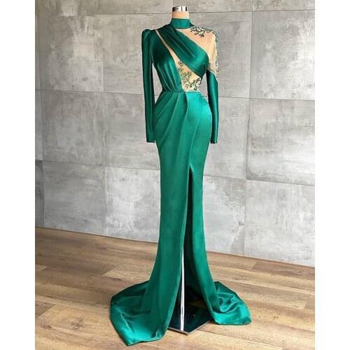 Green Robe De Soiree Sheath Long Sleeves Satin Beaded Slit Sexy Long Prom Dresses Prom Gown Evening Dresses